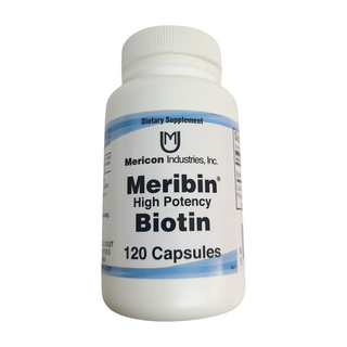 Meribin Supplement - Biotin for skin & nail health, improved metabolism regulation, prevention of hair loss, lessening of rashes, & mood regulation. By Mericon Industries (Product)