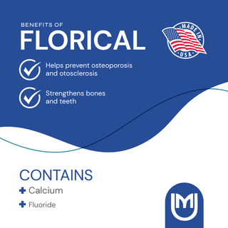 Florical Benefits - Calcium & Fluoride Supplement for prevention and remediation of otosclerosis, prevention and remediation of osteoporosis, bone health, & teeth and gum health. By Mericon Industries (100 Tablets)