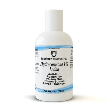 1% Hydrocortisone Lotion - Lessening of eczema and skin rashes &amp; external genital, feminine, and anal itching relief. By Mericon Industries (Product)